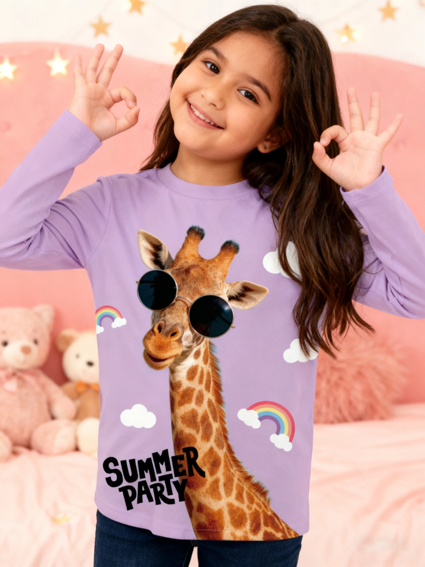 Trendy giraffe print children's purple long sleeves, with every happy daily