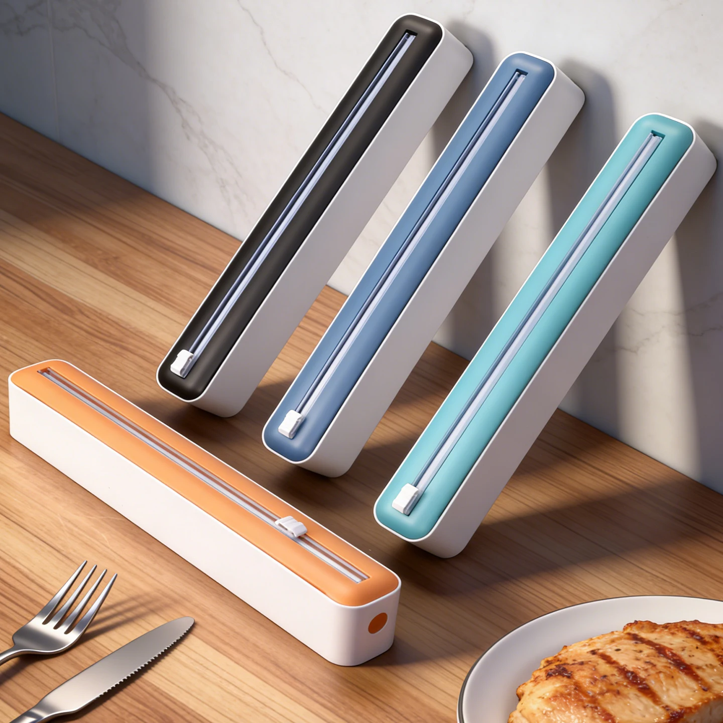 Plastic wrap cutter, available in four colors with accessories, wall-mountable, suitable for kitchens and dining rooms.