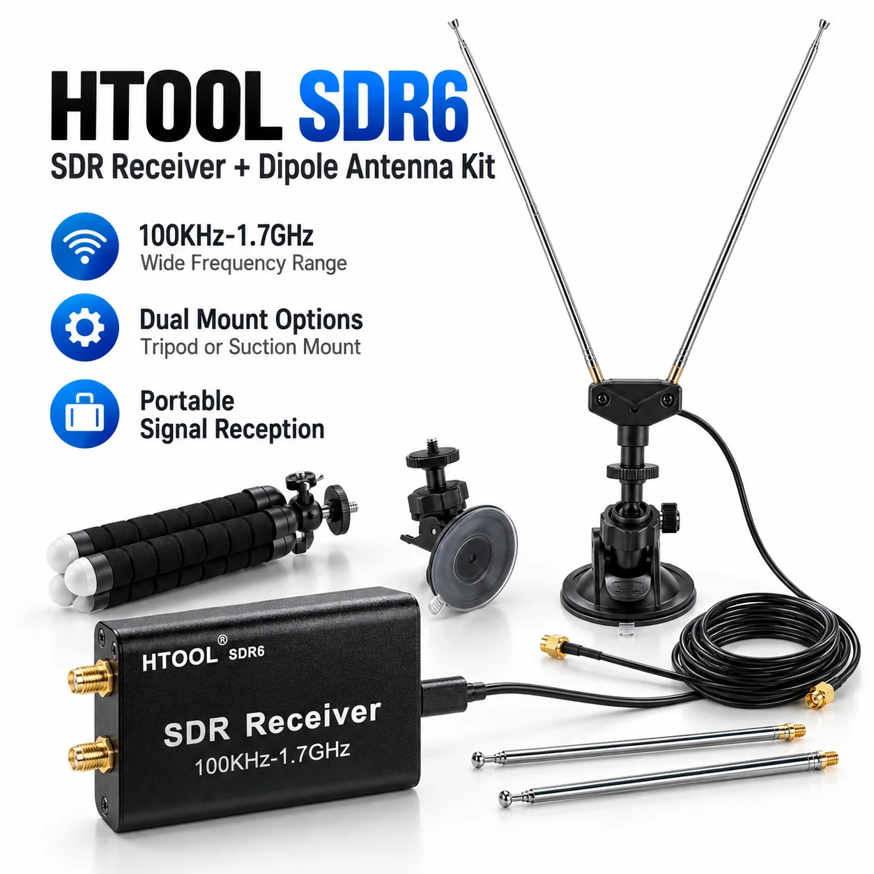 HTOOL SDR6 RTL-SDR Receiver 100KHz-1.7GHz Full Band Software Defined Radio USB Receiver with Dipole Antenna Kit RTL2832U R820T2