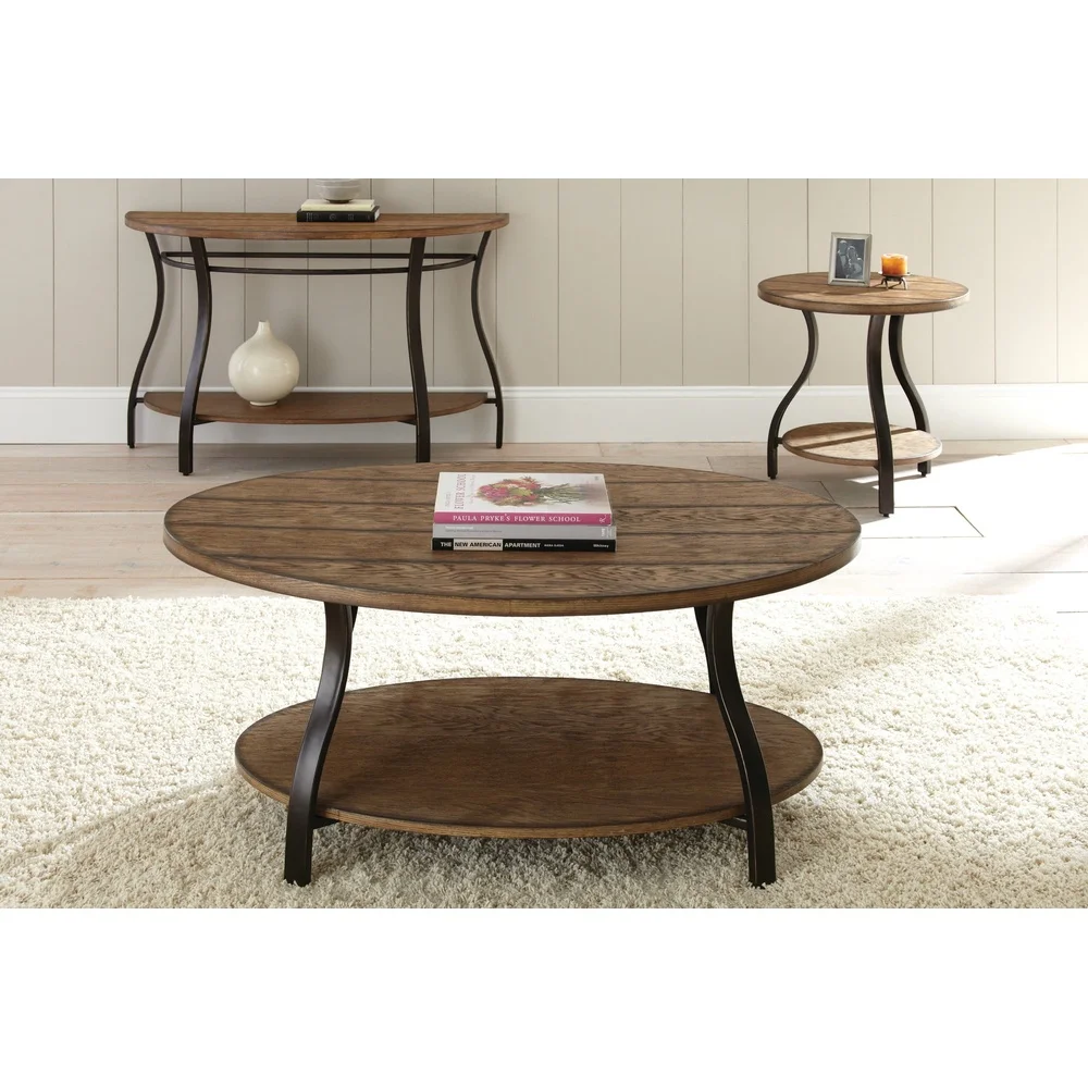 Oval Coffee Table Light Oak Finish Modern Style Metal Frame Wood Shelf Indoor Living Area Storage Furniture
