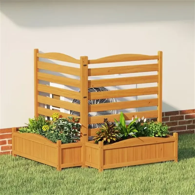 2-Panel Fir Wood Privacy Fence with Planter Boxes AC Unit/Trash Can Screen No Dig for Outdoor Patio Beautiful Garden