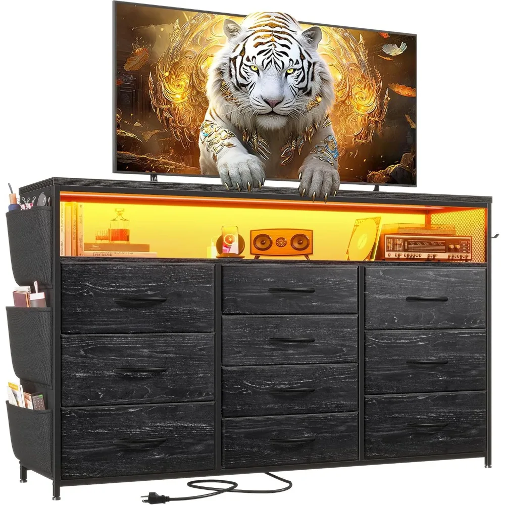 

Dresser TV Stand with 10 Drawers for 55"TV Stand for Bedroom with LED Lights Power Outlets Wide Dresser for Bedroom with Shelves