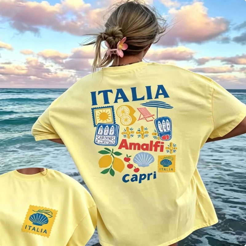 Vintage Italian Collage Print Women's Vintage Sardine Lemon T-shirt Harajuku Street Short Sleeve Summer Loose Top