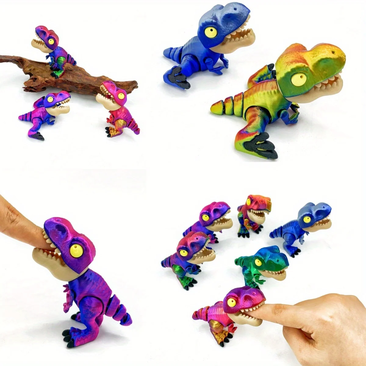 3D printed big mouthed finger biting Tyrannosaurus rex, cute finger biting little dragons in various colors, small and exquisite
