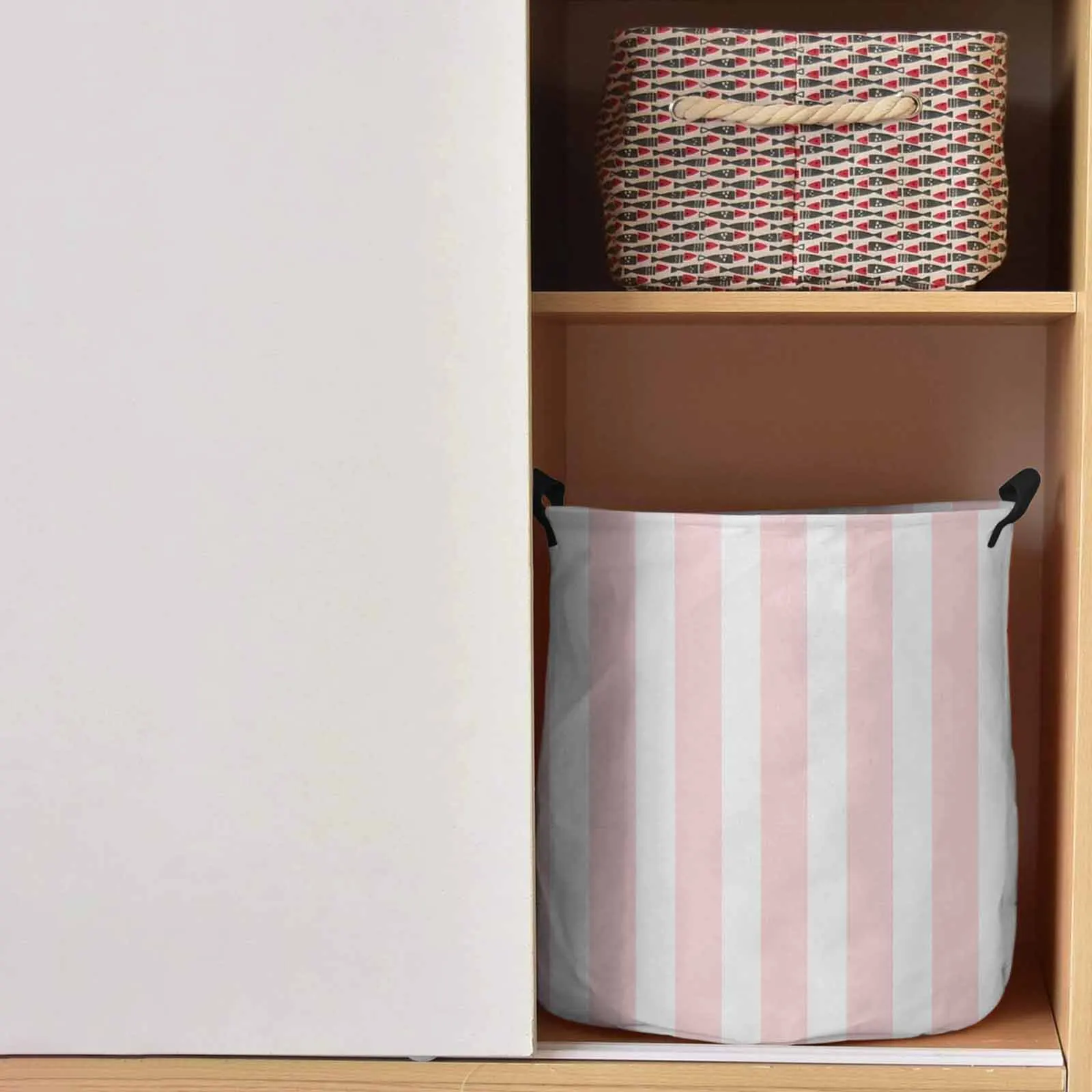 Striped Pink Dirty Laundry Basket Foldable Waterproof Home Organizer Clothing Children Toy Storage Basket