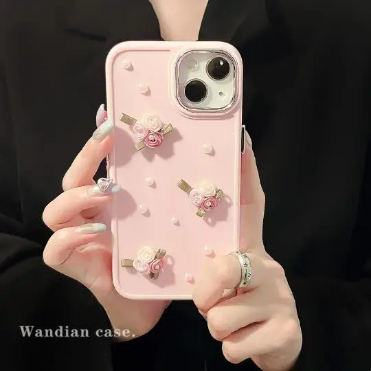 3D Cute Flower Pearl Heart Phone Case for Phone 15 14 13 12 11 Pro Max Plus XS XR X Shockproof Drop Protect Back Cover Luxury