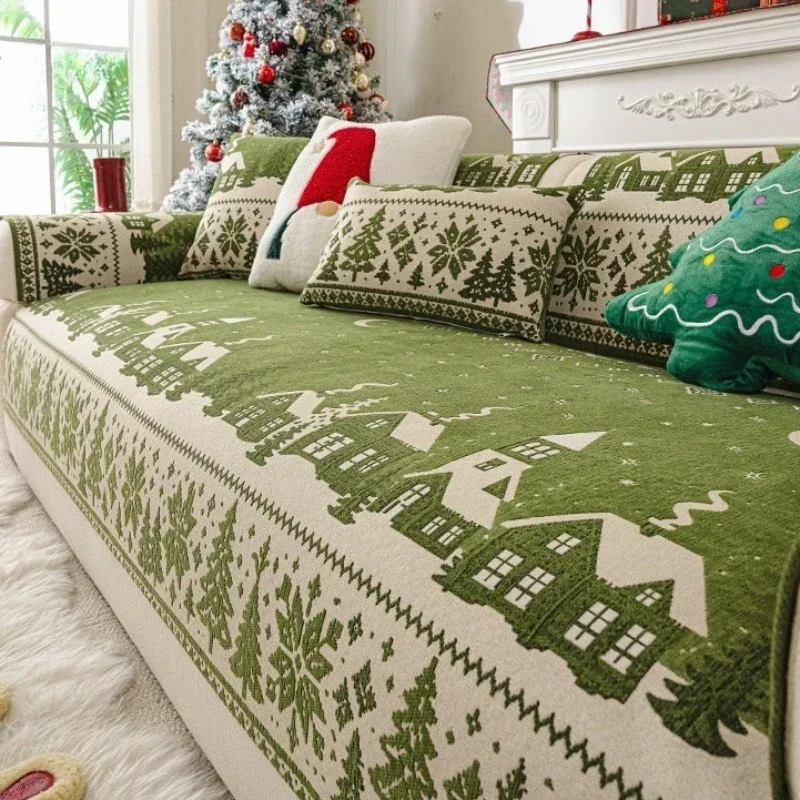 1pcs Chenille Jacquard Couch Pad Christmas Home Decoration Festive Sofa Cover Backrest Armrest Anti Slip Dustproof Sofa Towel