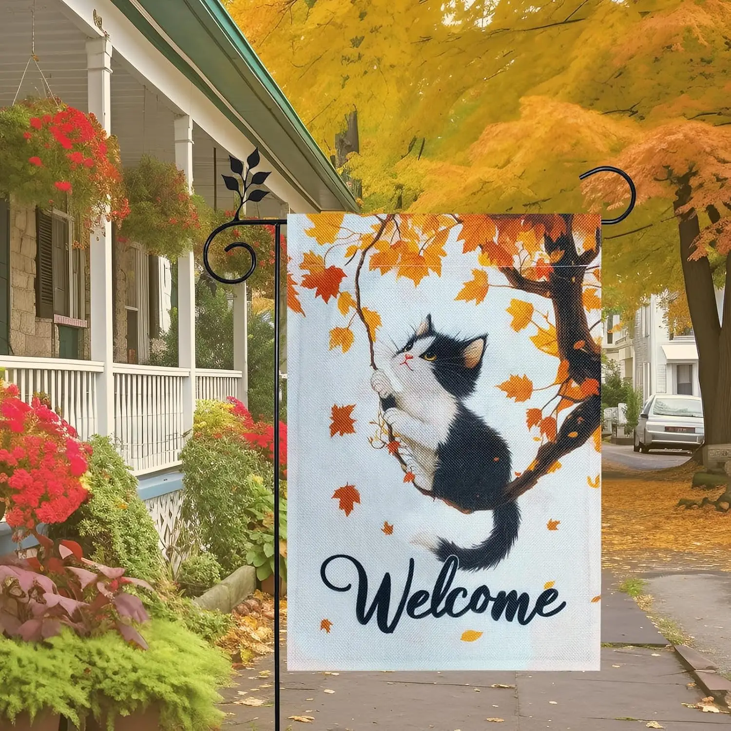 Fall Garden Flag 12X18 Inch Double Sided Burlap Cute Cat Maple Leaves Welcome Autumn Garden Flag Thanksgiving Yard Flags for SSL