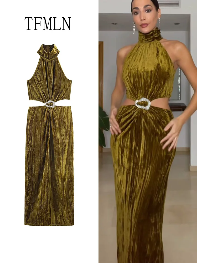 TFMLN أنيقة المرأة الرسن طوق فستان طويل 2026 موضة جديدة بلا أكمام الجوف خارج سليم فستان الحفلات مثير سيدة تاريخ فستان سهرة