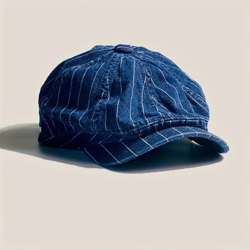 Vintage Newsboy Cap Unisex Pinstripe Beret Vintage Taxi Driver Flat-top Casual Street-style Cotton Hat for Men Women