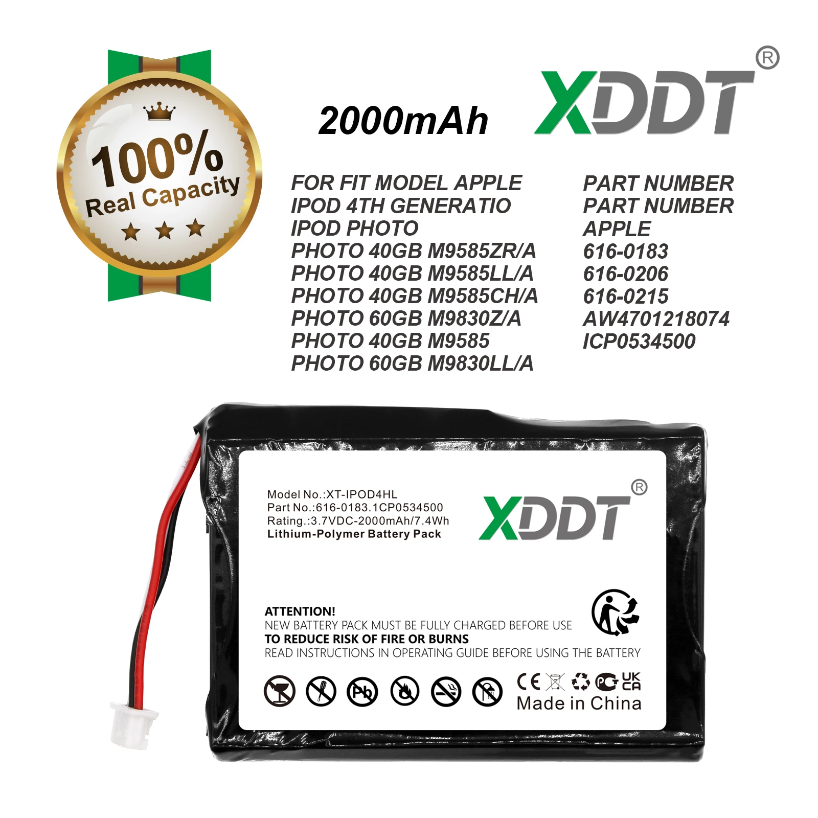 XDDT 2000mAh 616-0206 616-0183 Batería para Ipod Classic 4.a generación / Foto U2 A1059 20 40GB