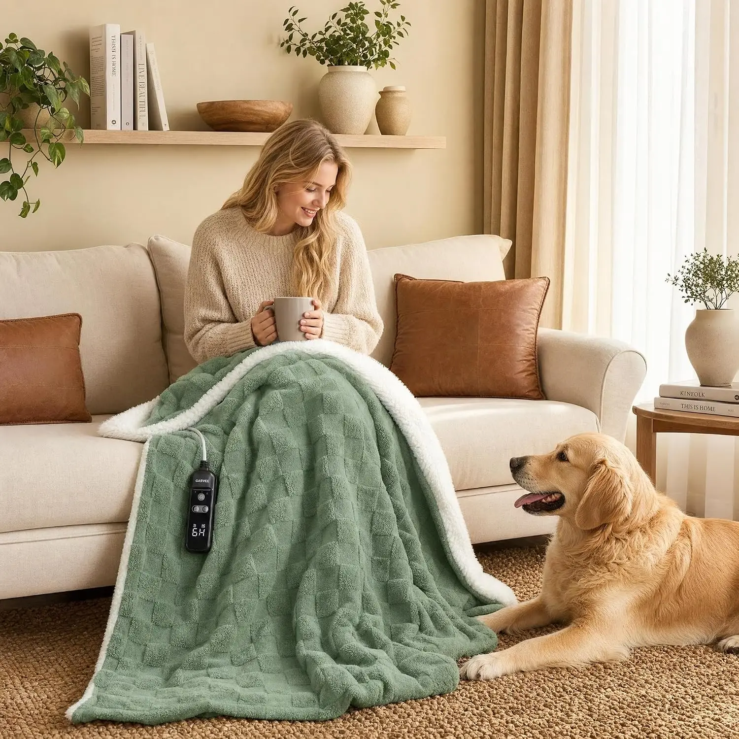 Heated Weighted Blanket Electric Throw, 15 lb Weighted Blanket with Heat Memory, Milk Velvet Checkered Sherpa, 50x60 in