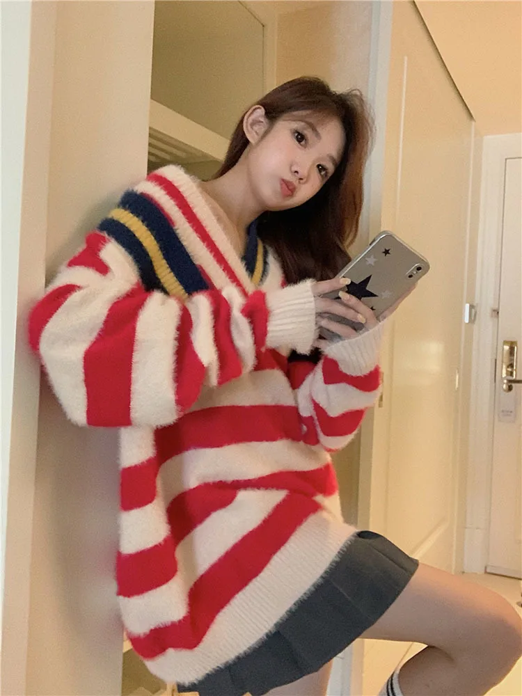 Contrast Color Striped Pullovers Women V-neck Long Sleeve Loose Casual Sweaters High Street Fashion Knitted Pull Femme
