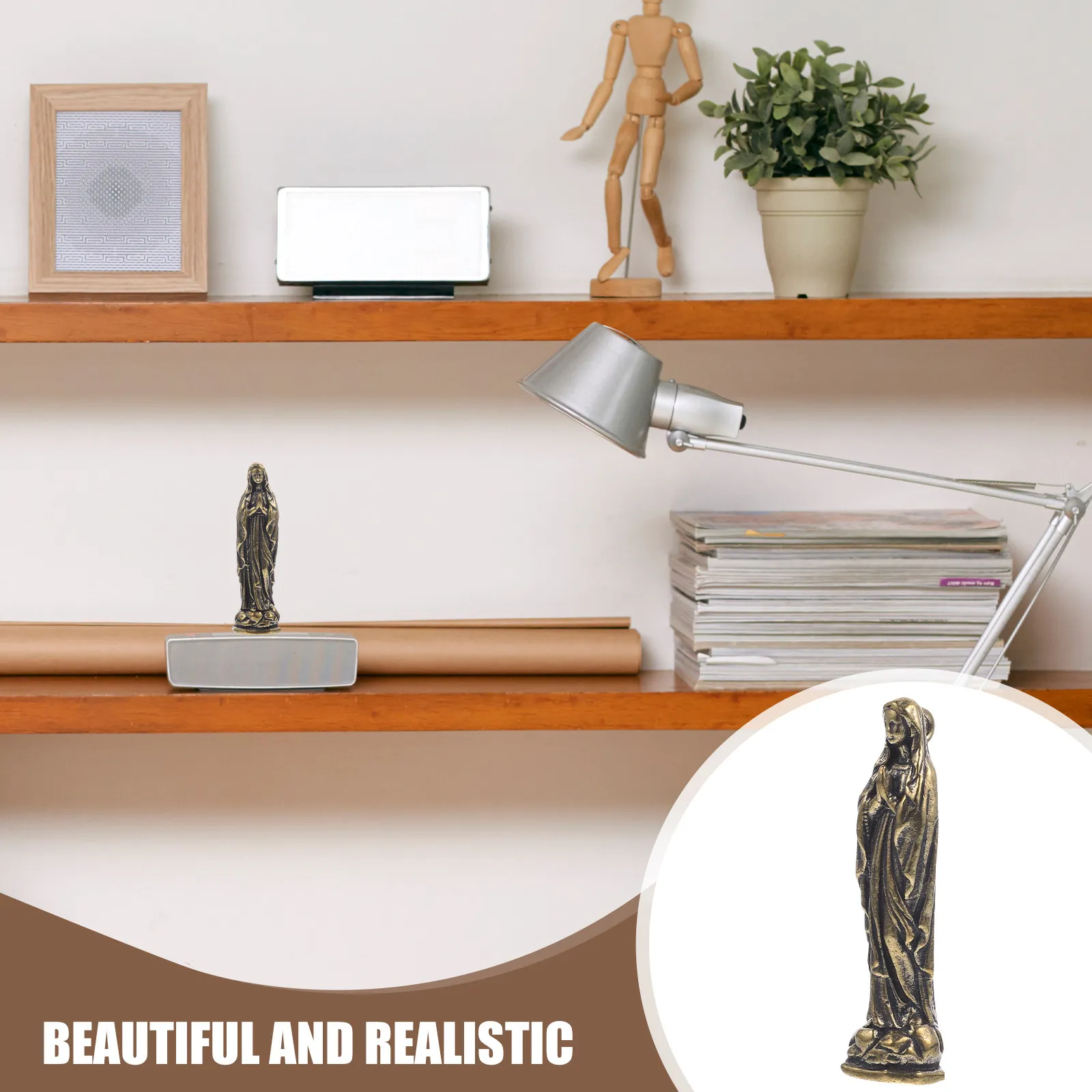 Exquisite Brass Mini Statue Virgin Mary Sculpture Space Saving Elegant Religious Ornament for Mantel Bookshelf Tabletop