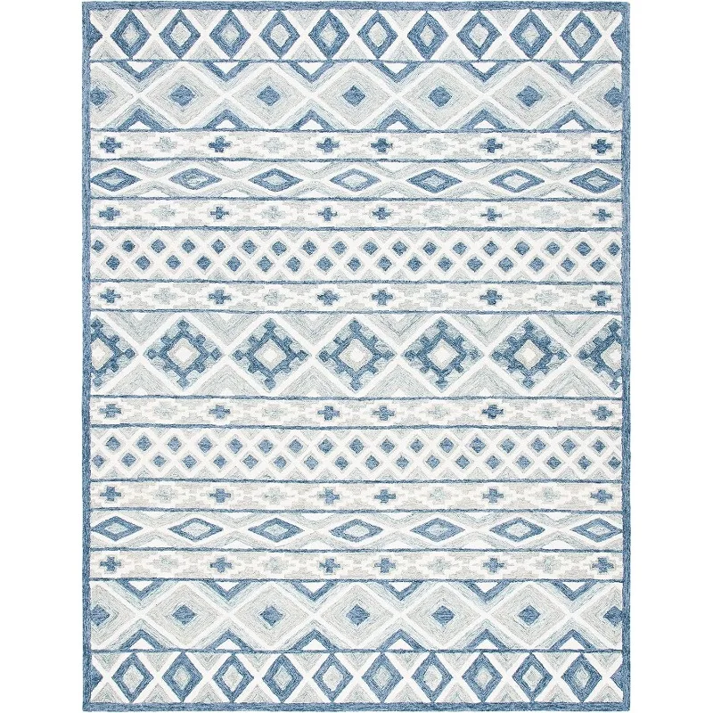 Roslyn Collection Area Rug - 9' x 12', Blue & Grey, Handmade Moroccan Boho Wool, Ideal for High Traffic Areas in Living Room