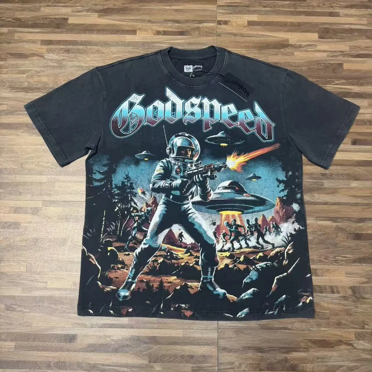 Godspeed Heavyweight Cotton Short Sleeve T-Shirt Alien Battle Print Streetwear Hip Hop Washed Vintage Citywalk Casual Tee