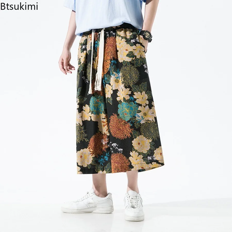 Fashion Men's Loose Casual Wide Leg Pants Streetwear Summer Chinese Style Printing Cotton Linen Drawstring Sweatpant for Men 5XL