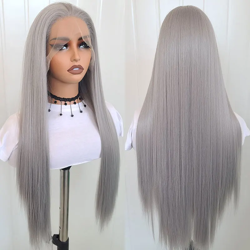 Silver Grey Silky Straight Synthetic Lace Front Wigs High Quality Heat Resistant Fiber Natural Hairline For Black Women Cosplay