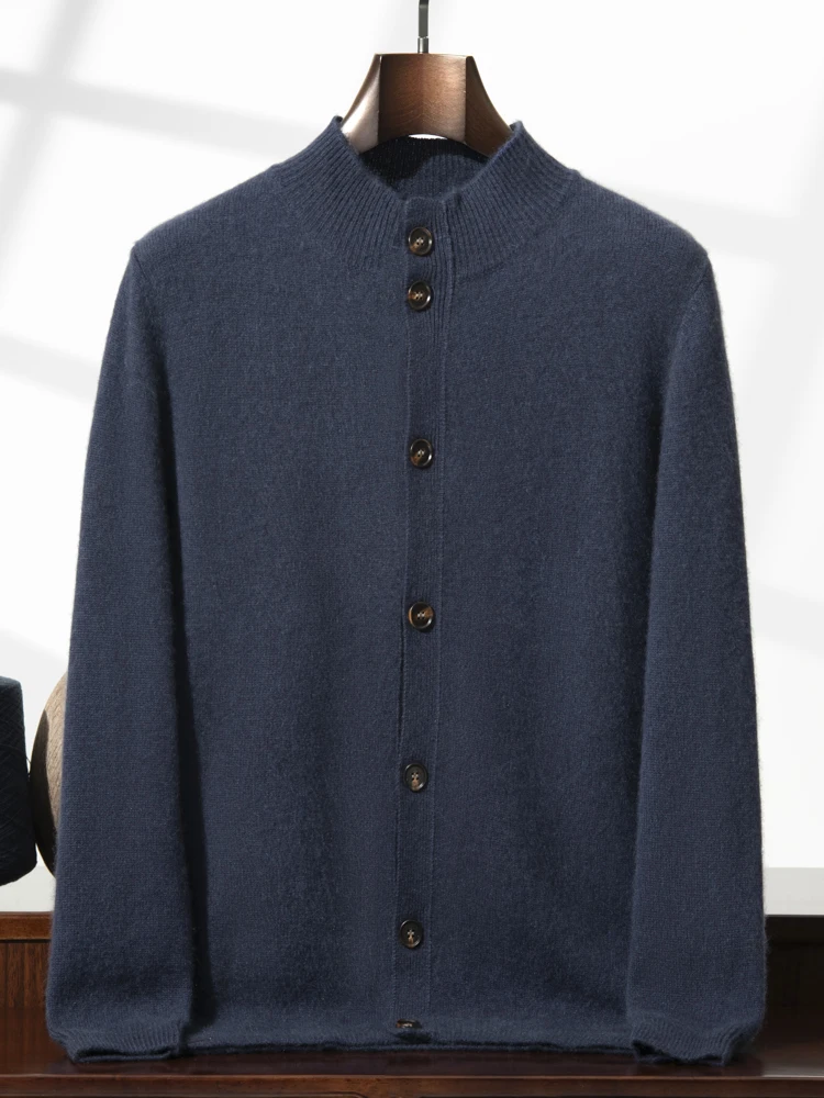 

100% Pure Cashmere Knitted Sweater Men's Round Neck Autumn Winter Pure Color Elegant Simple Button Cardigan Cashmere