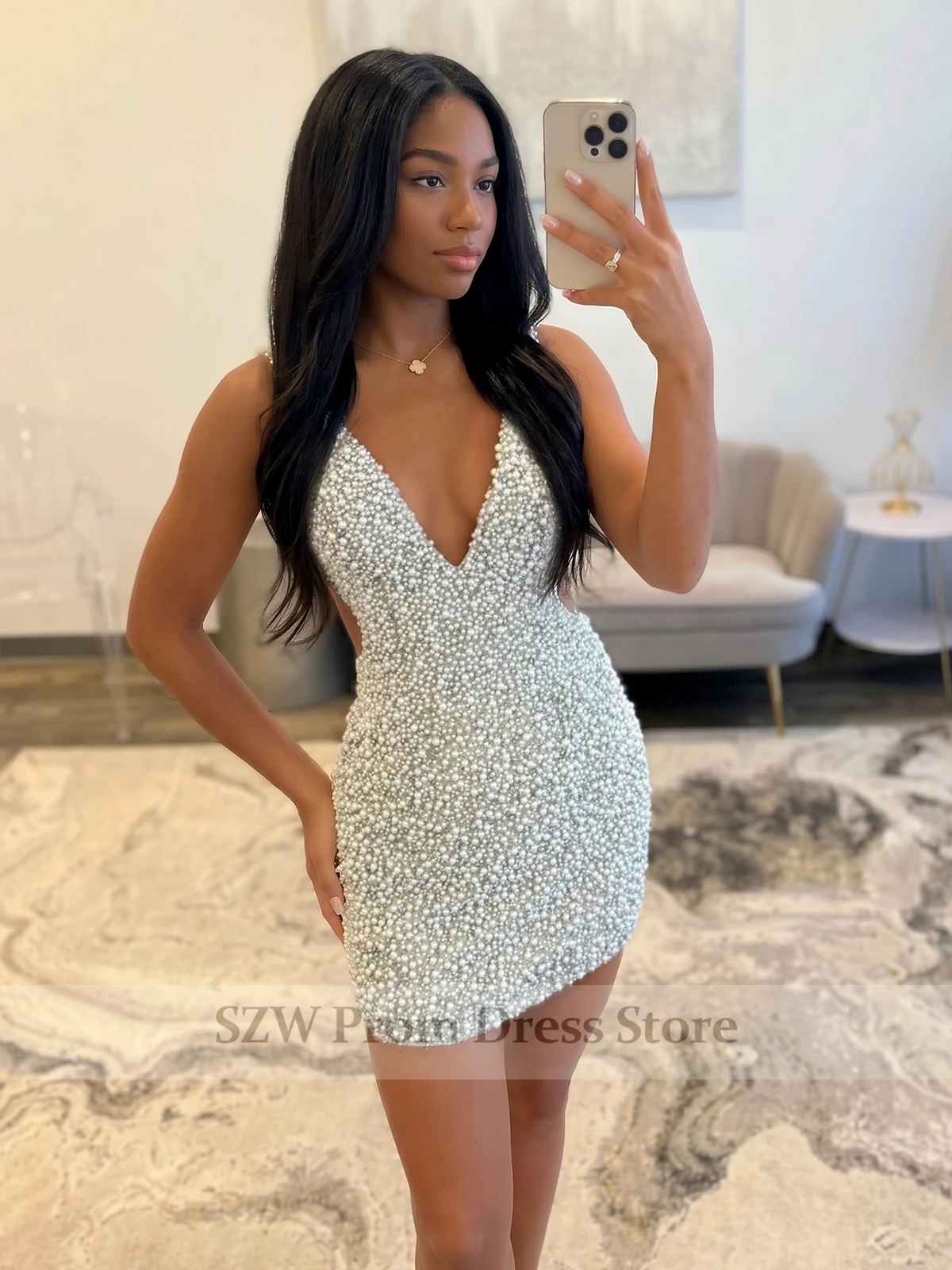 RYANTH Luxury Pearls Short Homecoming Dress for Women 2026 V Neck Backless Cocktail Dress Sexy Bodycon Prom Evening Dress Custom