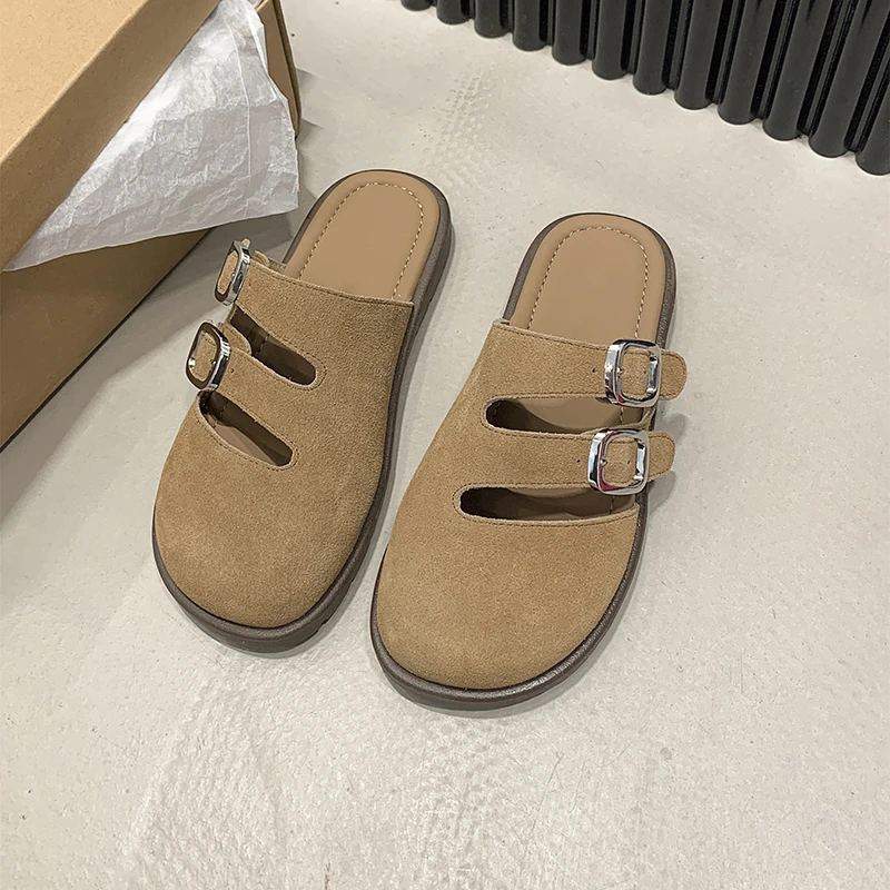 Zapatos de ante para mujer, zapatillas de plataforma plana, zuecos Boston, Sandalias de playa a la moda para exteriores, 2024