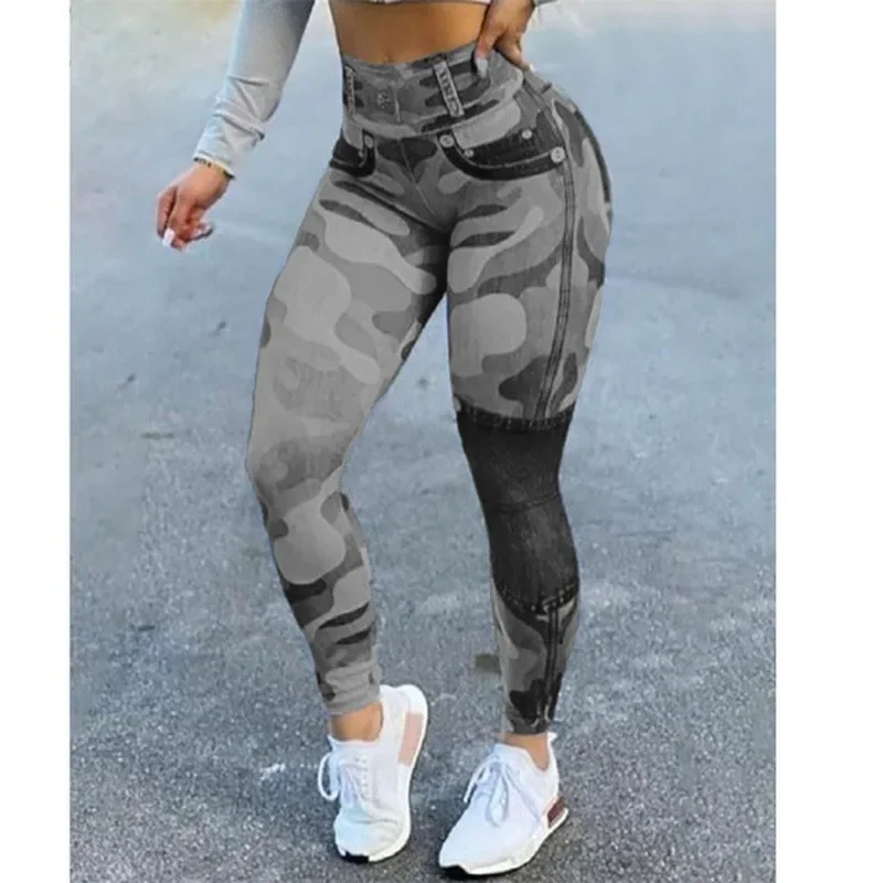 Denim Look Print hohe Taille Bauch Kontrolle Butt Lift Leggings Frauen schlanke Bleistift hose Frühling Sommer Leggins neu