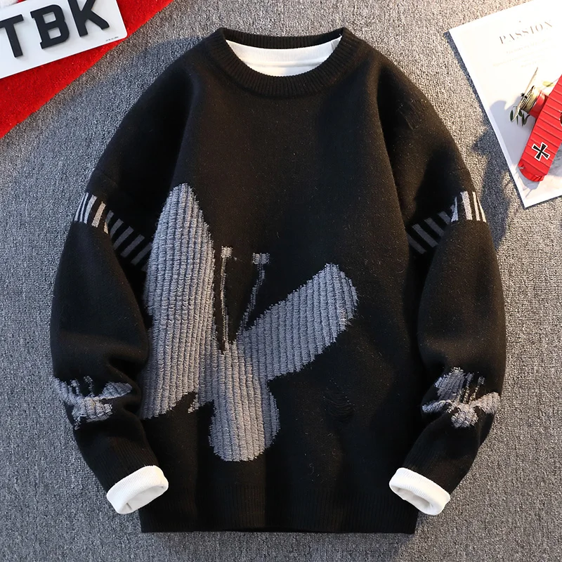 

New round Ne Knitted Sweater Casual Warm Base Layer Teenage Loose Autumn Winter Floral Embroidery Thiened Long Sve Men...