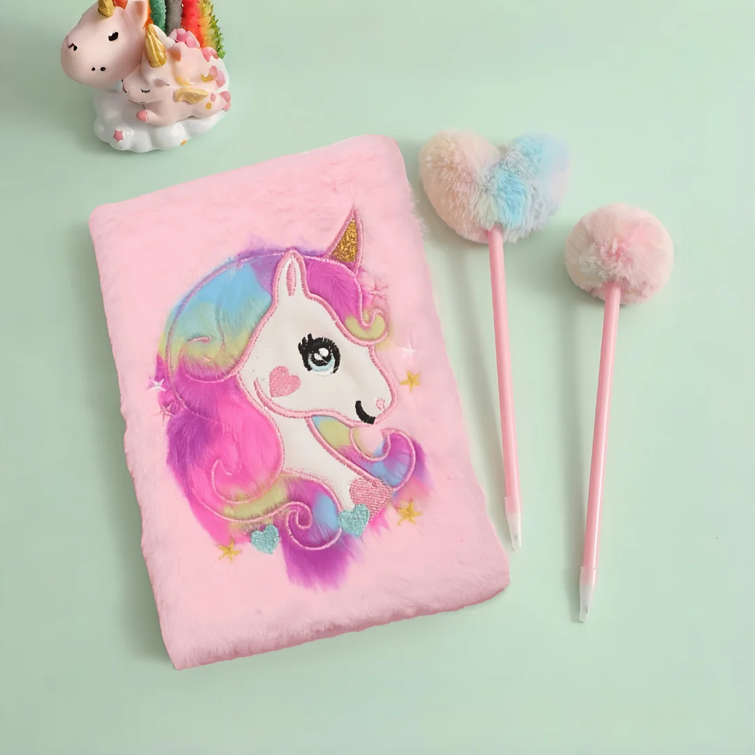 2Pcs/Set Cartoon Unicorn Plush Notebook Set Cross-Border Children's Writing and Drawing Journal Student Lockable Study Record Book, Children's Tie-Dye Heart Plush Journal Pen Student School Celebration Activity Reward Gift Pen Learning Writing Ballpoint Pen for Girls, Children's Christmas Gift Set
