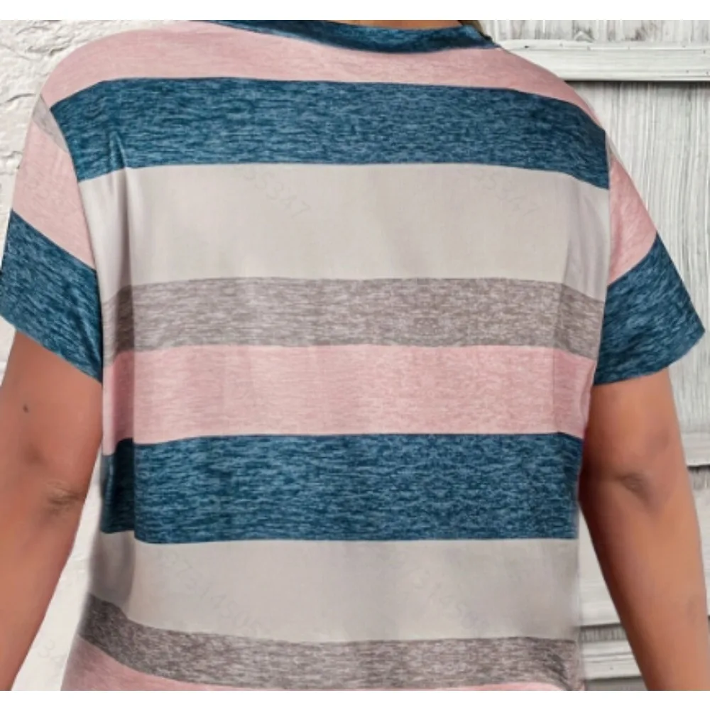 Plus Size Women's Summer New  Stripe Print Pocket hort Sleeve T-shirt Fashionable Casual Loose Printed Pattern T-Shirt