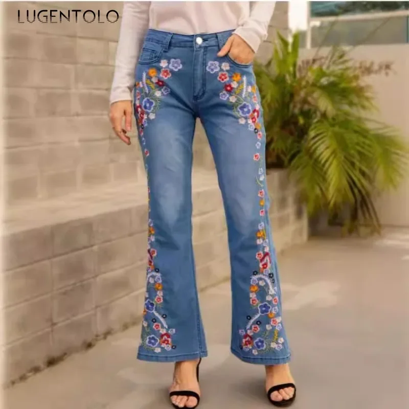 

Women Casual Jeans 2024 Vintage Washed Floral Embroidery Comfortable Stretch Slim Flared Pants Fashion Commute Available 4XL