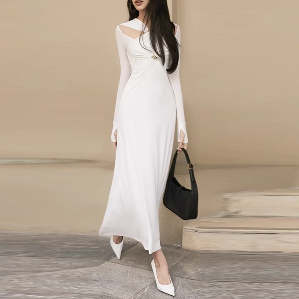 VGH Elegant Hollow Out Crosscriss Dresses For Women V Neck Long Sleeve High Waist Spliced Matel Slimming Dress Female Fashion