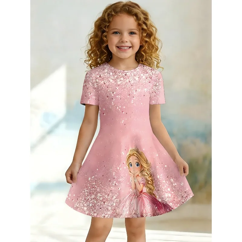 Mädchen Prinzessin Bedrucktes Glänzendes T-Shirt-Kleid, Rosa Glänzendes Freizeitkleid, Geeignet für Märchenhafte Kinderpartys, Geburtstagsgeschenke – Detail 2