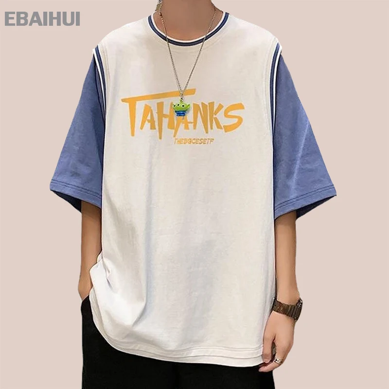 E-BAIHUI Men's T-shirt Fake Two-piece Stitching Printed Round Neck Short-sleeved Cotton Loose Couple's Top Casual Sports Style