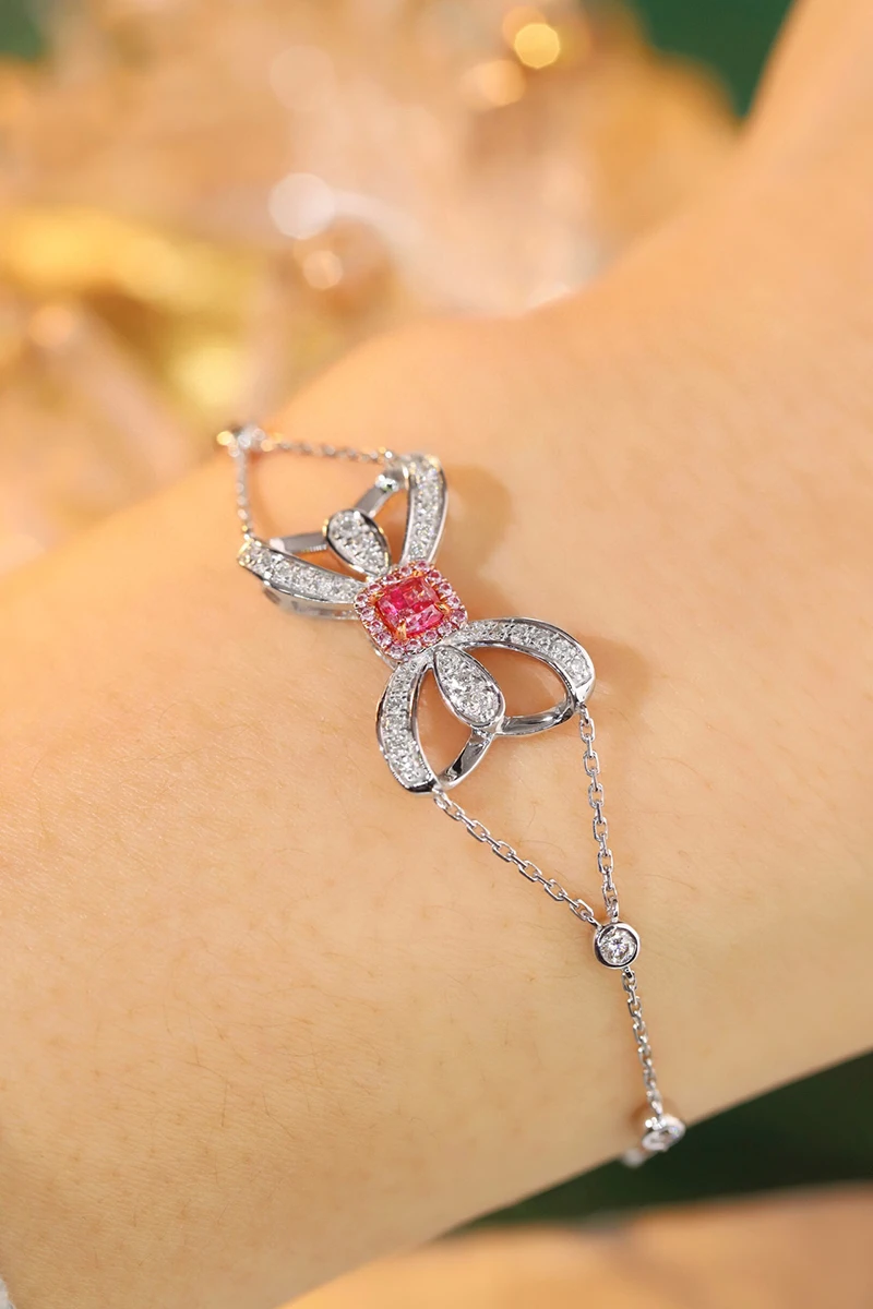 KUGG 100% 18K White Gold Bracelet Romantic Bowknot Shape Real Natural Pink Diamond Bracelet for Women High Engagement Jewelry