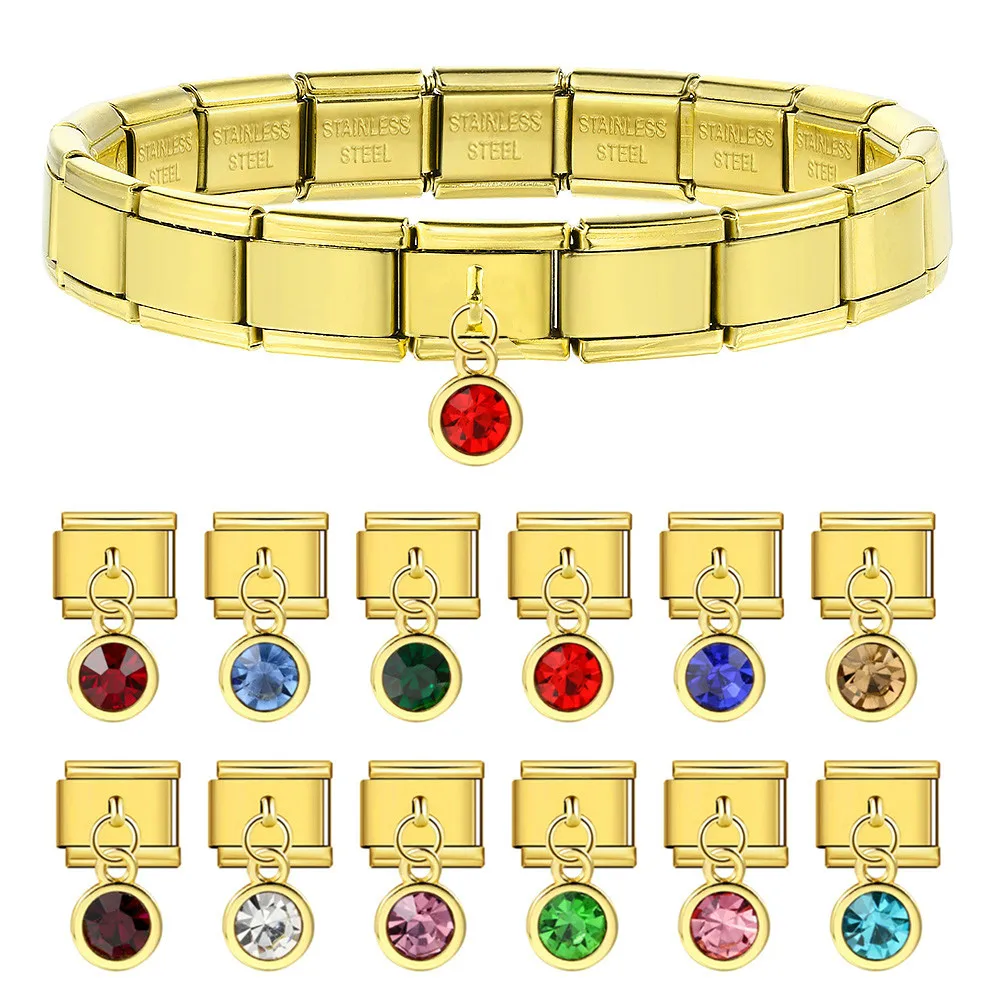 GEMOSA Gold Color 12 Birthstone Colorful Round CZ Pendant Italian Charm Link Fit 9mm Stainless Steel Bracelet Making DIY Beads