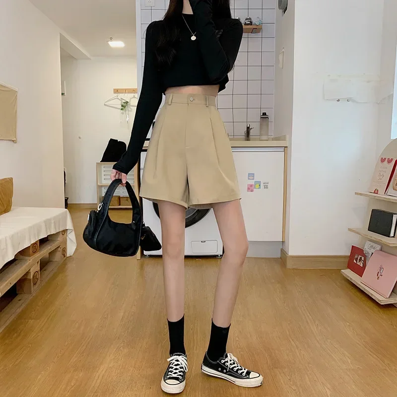 Women\' Summer Casual Shorts 2025 New Streetwear with Belt Cotton Wide Leg Shorts Female High Waist Straight Knee Length Pants