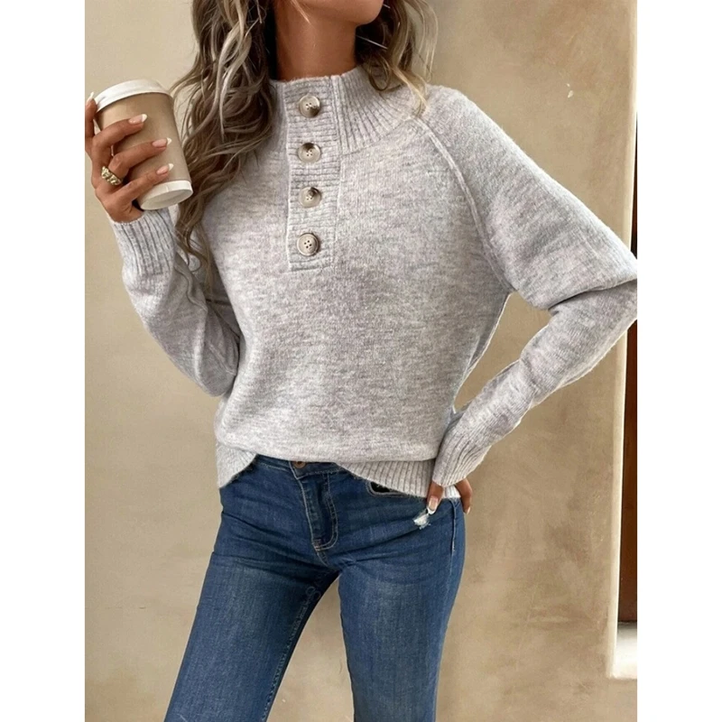 

Combhasaki Women's Knitted Sweaters Solid Color Button Fold-Over Turn-down Collar Ribbed Cuffs Long Sleeve Knitwear Pullover Top