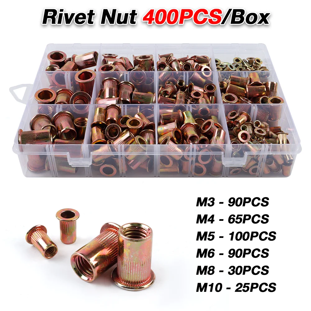 A Box Of 400 Carbon Steel Rivet Nuts, M3, M4, M5, M6, M8, M10 Flat Head Rivet Nuts, Threaded Insert Nuts, Professional Fasteners