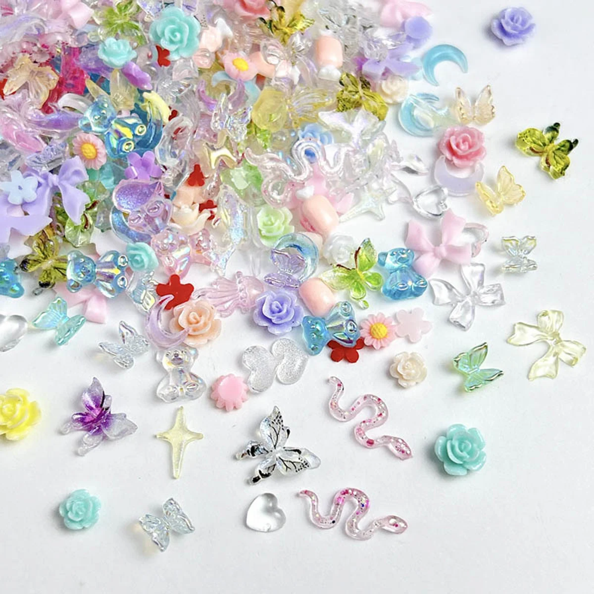 100PCS Random Mixed Flowers Nail Charms Sweet Resin Flatback Moon Nail Art Decoration Accessories Manicure DIY