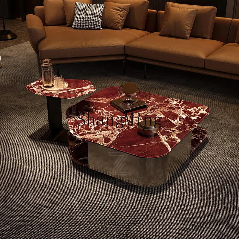 FG good-looking  minimalist purple red marble coffee table stainless steel special-shaped light luxury premium
