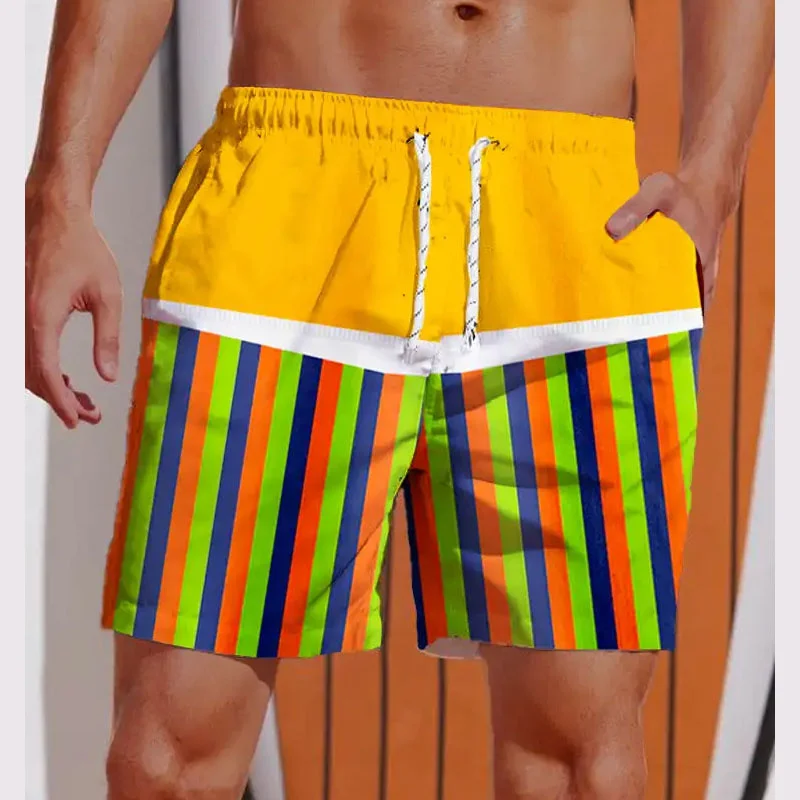 3D Printed Striped Flame Beach Shorts Men\'s Splicing Grid Pattern Board Shorts Summer Drawstring Breathable Hawaiian Swim Trunks