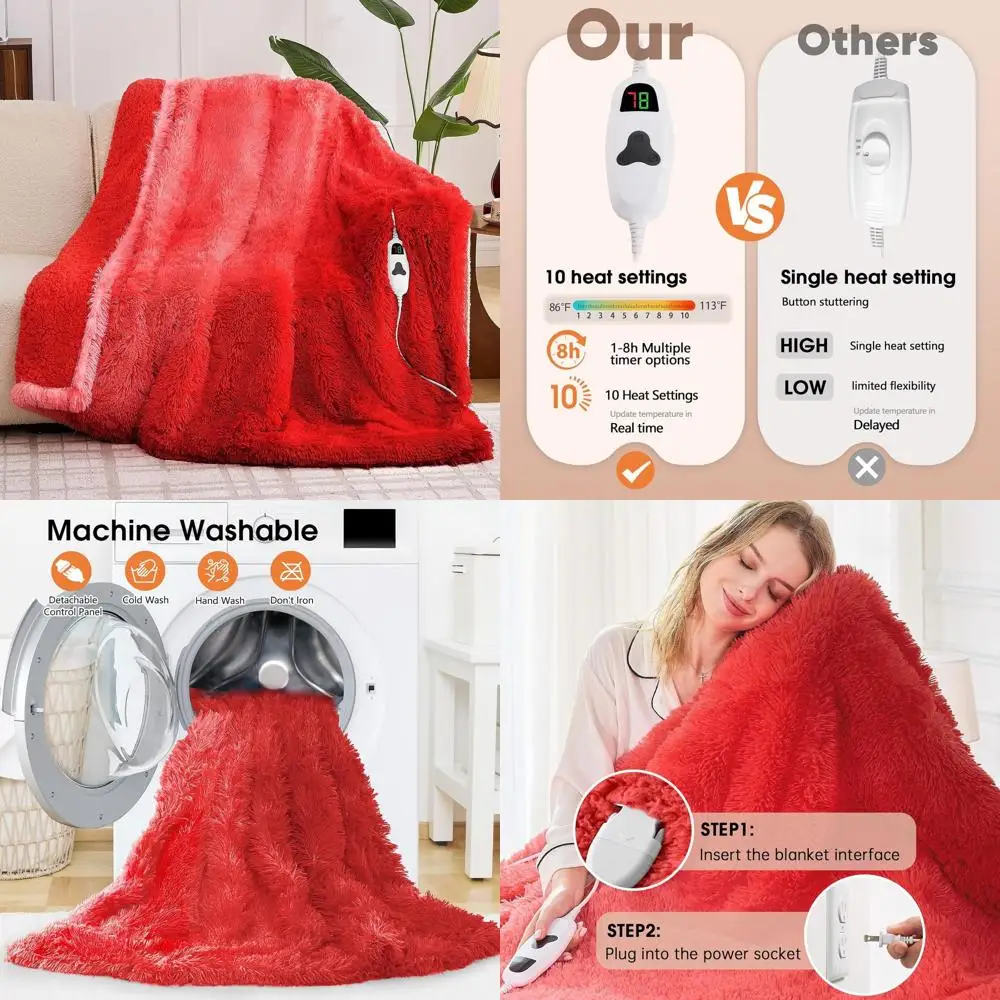 

Twin Size Electric Heated Blanket - Faux Fur & Sherpa, 10 Heat/5 Timer Options, Ruby Wine, Ideal Winter Gift