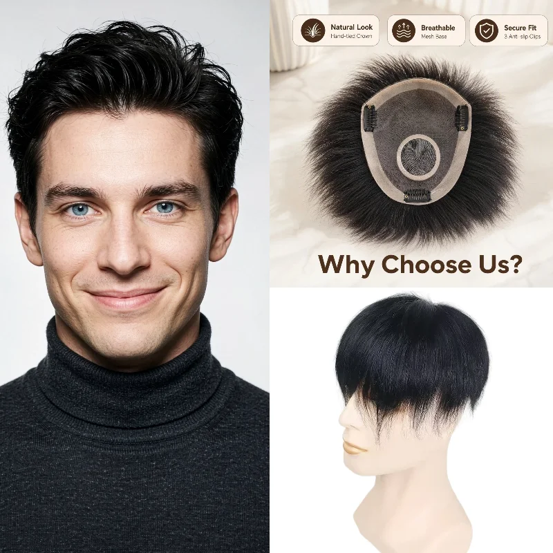 Fully Hand-Woven Men Toupee Lace PU Base with Clips 100% Human Hair Natural Black 13x18cm Breathable Realistic