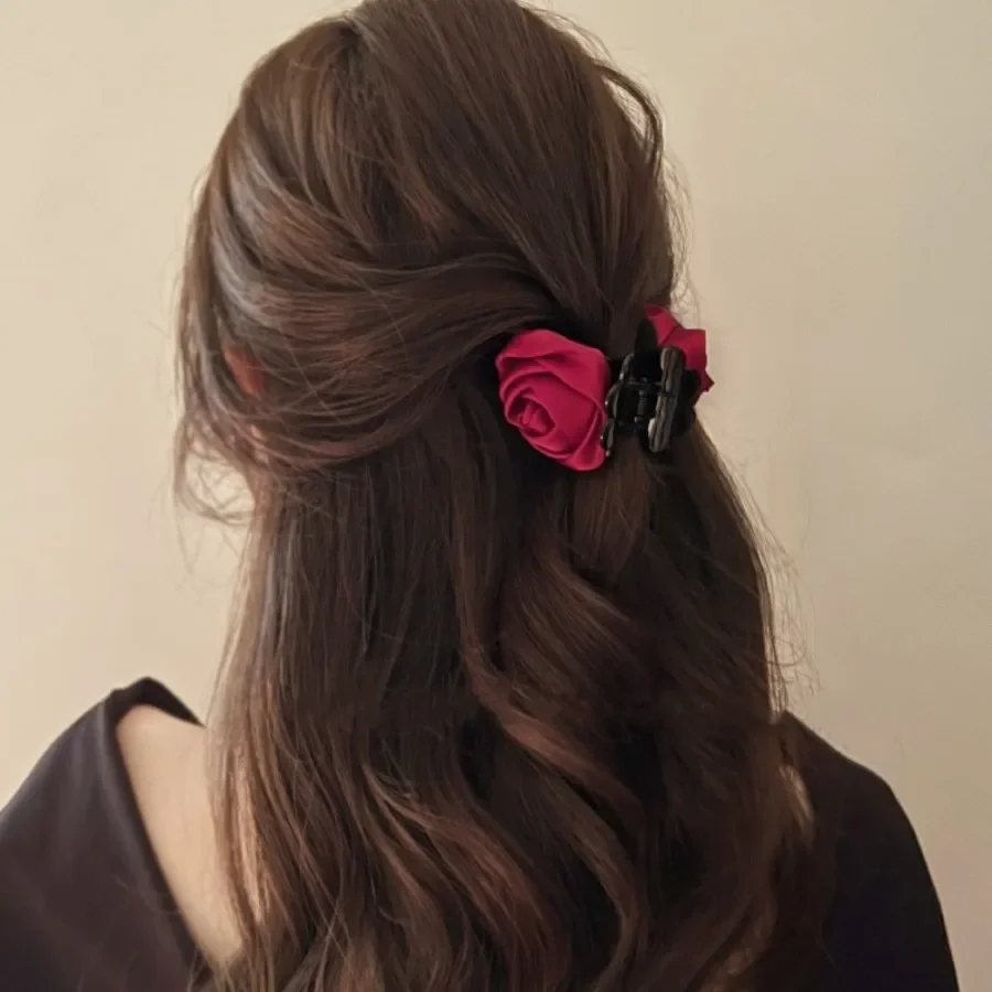 Garra elegante de cabelo rosa flor para mulheres, clipe de tubarão cabeça traseira, aperto pequeno, clipe solto, grampos de cabelo doce, estilo francês, 5cm