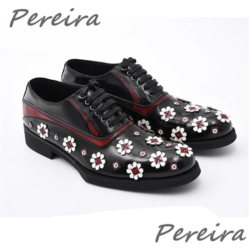 

Men's Retro Floral Decor Mixed Colors Formal Shoes Spring Autumn New Trend Genuine Leather Lace-Up Derby Shoes for Banquet Party