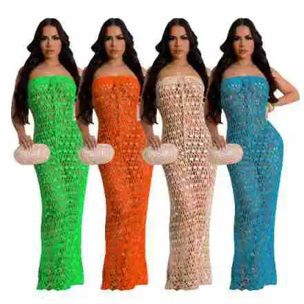 Crochet Knitting Women Cover Ups Solid Sequined Long Maxi Dress 2024 Summer Beach Outfits Sexy Hollow Out Club Party Vestidos