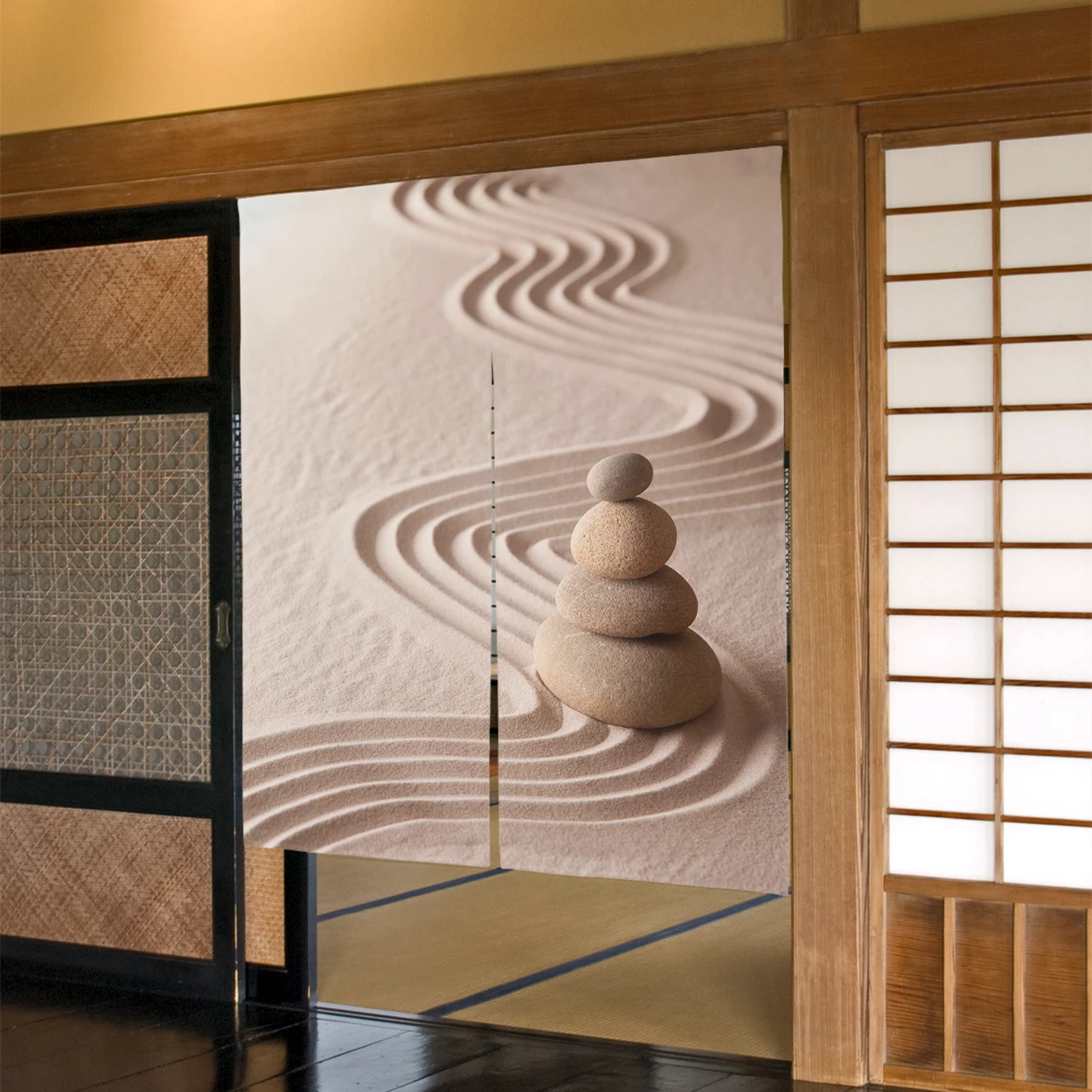 Zen Garden Stones Sand Japanese Door Curtain Living Room Bedroom Doorway Partition Curtain Kitchen Entrance Hanging Half-Curtain