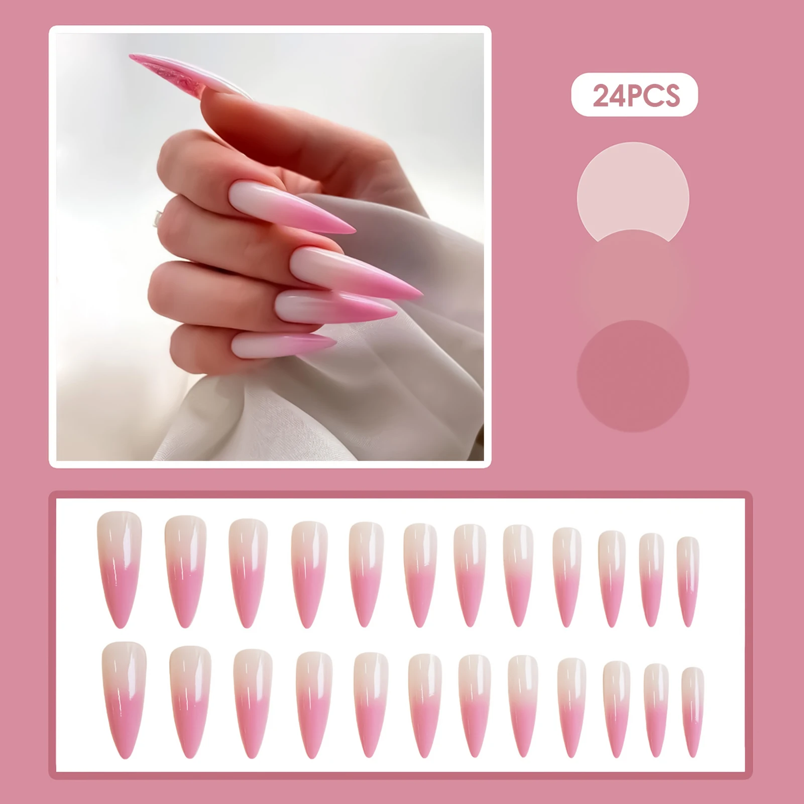 Lange Stiletto-Charm-Kunstnägel, Farbverlauf, Rosa, Weiß, zum Aufdrücken der Nägel, coole Mädchen, tragbare künstliche Nägel, Tipps, DIY-Maniküre, 24 Stück – Detail 6