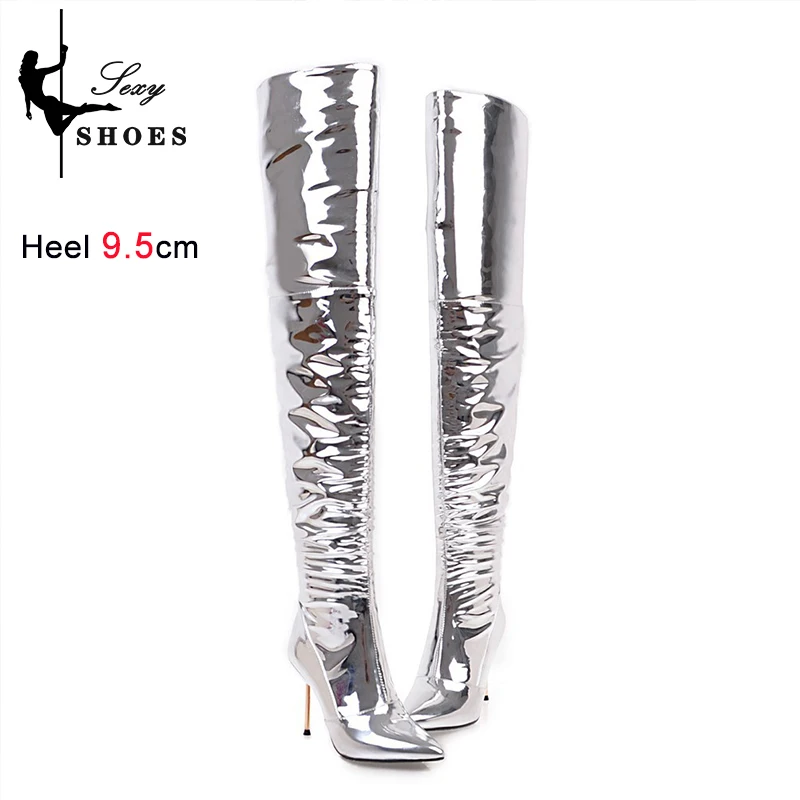 

High Qualit Silvery Over-the-knee Boots Women Autumn Winter Mirror Stiletto Club Party Shoes High Heel Ladies T Show Long Boots