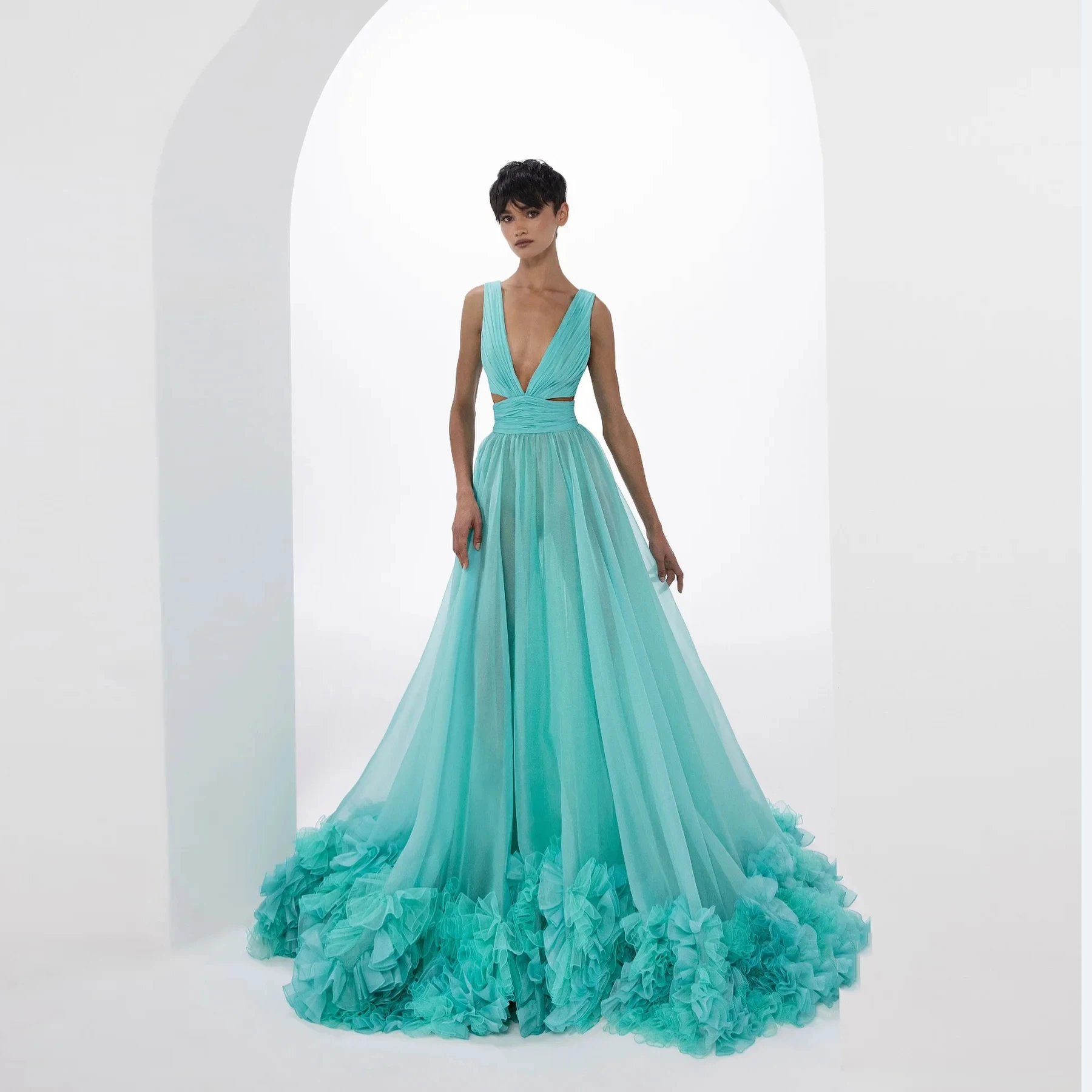 Turquoise Long Tulle Maxi Gowns New Designs Deep V-neck A-line Women Dress To Party Prom Gowns Ruffle Lush Bottom Customized